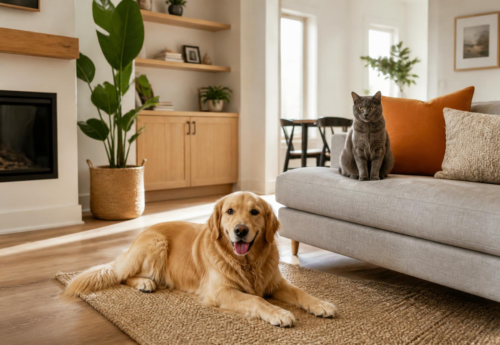 Salón moderno con un perro y un gato